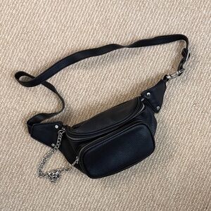 Black Leather Fanny Pack with Chain Detail